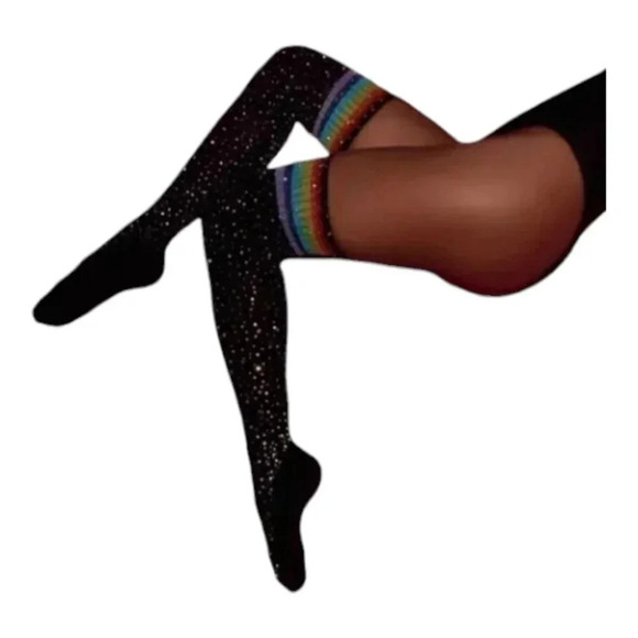 Black Knee High Rainbow Rhinestone Stocking - Picture 3 of 7